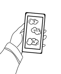 Smart phone playing application on hand line art doodle style illustration