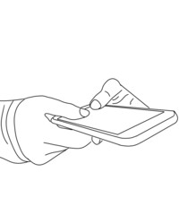 Smart phone on hand line art doodle style illustration