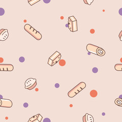 Seamless pattern with bakery products, Baked goods background, Pastel, Vector illustration.