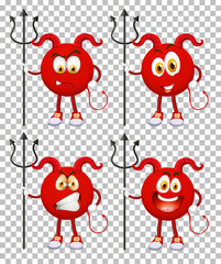 Set of Red Devil cartoon character with facial expression on grid background