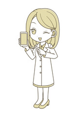 A woman in a white coat with a cell phone