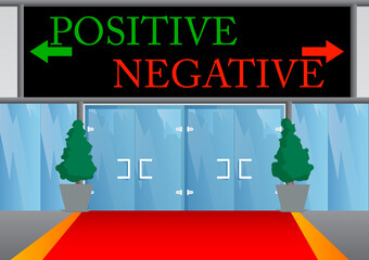 Fototapeta na wymiar Negative, positive text with front door background. Bar, Cafe or drink establishment front with poster. Good bad thoughts, attitude business concept.