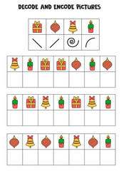 Decode and encode pictures. Write the symbols under Christmas pictures.