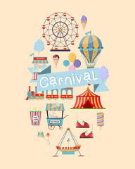 Vertical flyer template for carnival or festival with ferris wheel, piret ship, amusement train ride, circus tent, air balloon and more. Vector illustration in flat style.