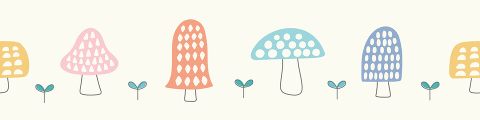 Mushroom background border pattern. Cute nature seamless banner design of hand drawn fungi and leaves, vector illustration. © Anna Beatty