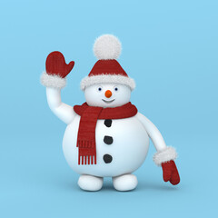 Cartoon character snowman greets and smiles in a red Santa Claus hat like an isolate on a blue background. 3D Render