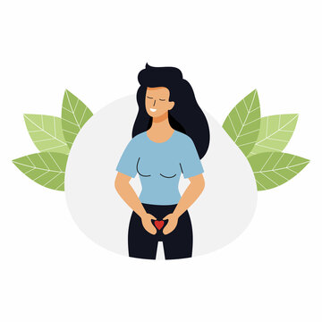 Happy girl with heart in her hands. Women health. Comfort in abdominal area.