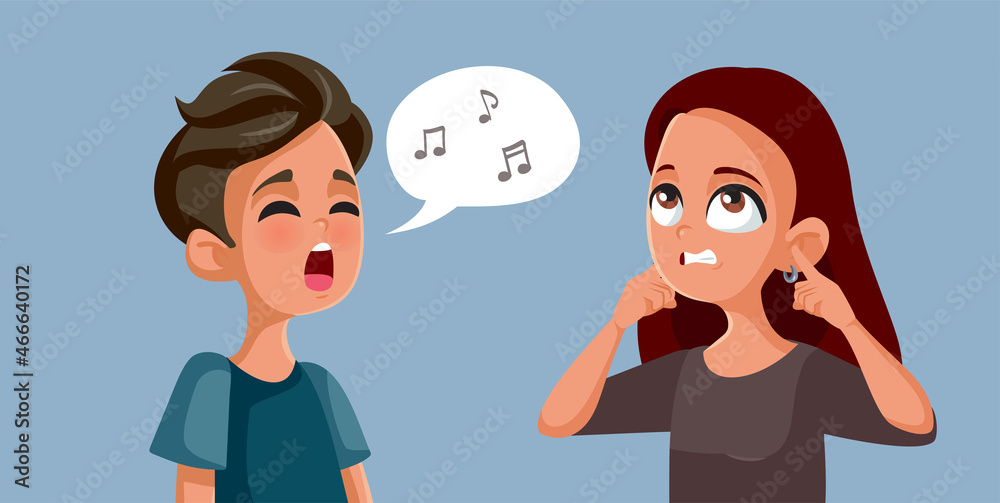 Wall mural boy singing awful song annoying her friend vector cartoon