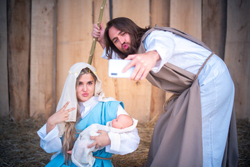 Biblical Characters Taking A Selfie While Joking In Nativity Scene Wall Mural