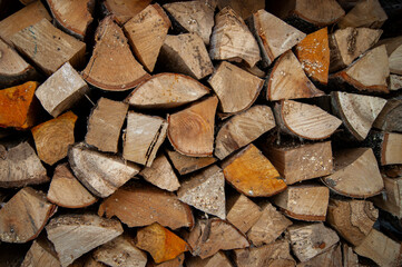 Dry oak firewood stacked in a pile, chopped wood for winter heating of the fireplace. Natural wood background.