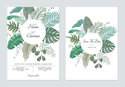 Foliage wedding invitation card template design, various tropical leaves on white