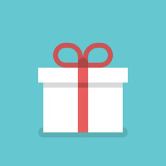 Gift box, white with red ribbon and bow on turquoise blue. Birthday, Christmas and New Year holiday, surprise and present concept. Flat design. EPS 8 vector illustration, no transparency, no gradients