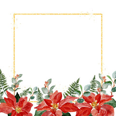 watercolor christmas poinsettia flower bouquet wreath frame with gold glitter - obrazy, fototapety, plakaty