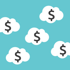 Clouds with dollar signs in sky. Money, wealth, aspiration, dream, imagination, finance and prosperity concept. Flat design. EPS 8 vector illustration, no transparency, no gradients