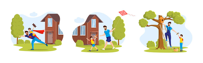 Fototapeta na wymiar Man and child in superhero costumes playing game together, hanging birdhouse on tree, run across field launching a kite in countryside.
