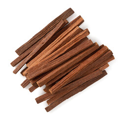 Sandalwood sticks isolated on white background, top view