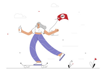 Vector flat design illustration with one happy grandmother rides skateboard with glass of coffee in her hands and age tag on her clothes.