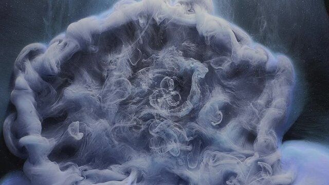 Paint water drop. Intro opener. Universe wisdom. Fluid splash animation. Blue purple smoke cloud flow motion on glitter cosmic dust particles dark abstract art background.