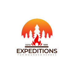 Forest and mountain logo with bonfire, adventure icon