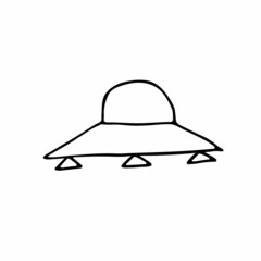 Doodle space sticker. Cute Flying saucers isolated on white background. Outline astronomical objects. UFO, Spaceships futuristic sketch sign. Hand-drawn Sci-fi image. Vector science cute illustration