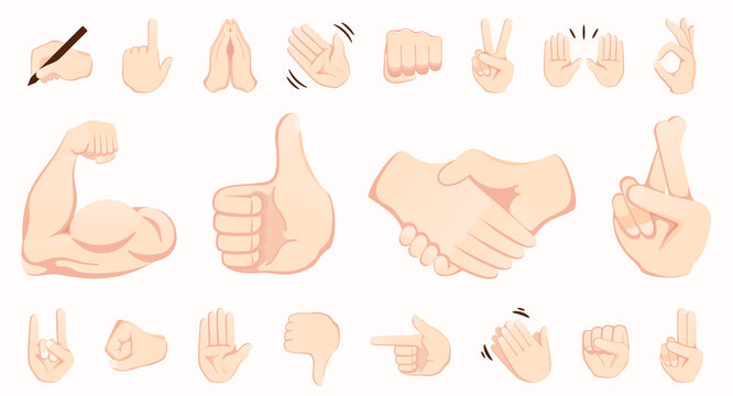 Hand gesture emojis icons collection. Handshake, biceps, applause, thumb, peace, rock on, ok, folder hands gesturing. Set of different emoticon hands isolated illustration.
