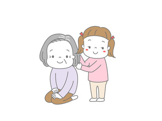 おばあちゃんの肩たたきをする女の子