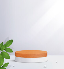 Abstract minimal scene with cylinder platform. Wood round podium in white background for cosmetic product presentation. 3d geometric pedestal illustration