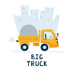 Cute kids print with construction vehicle on white background. Illustration yellow truck and city in cartoon style for wallpaper, fabric, and textile design. Vector - 466645902