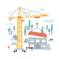 Cute kids print with construction crane and city. Illustration yellow construction vehicle, building and work zone in cartoon style for wallpaper, fabric, and textile design. Vector