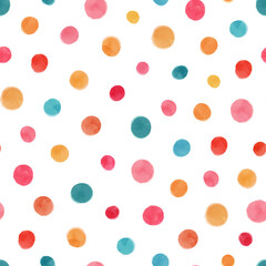 Multicolor polka dot abstract seamless pattern isolated on white background with pink, yellow, blue, orange dots watercolor vector illustration.