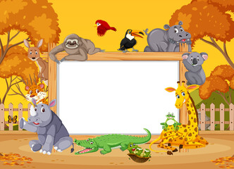 Obraz na płótnie Canvas Empty wooden frame with various wild animals in the forest