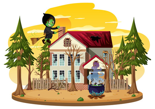 Witch riding a broom in front of haunted house in the woods