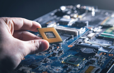 Technician hand holding cpu processor of pc.