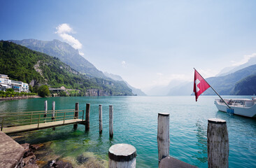 Travel by Switzerland. Shore of Brunnen with beautiful mountains and lake view.