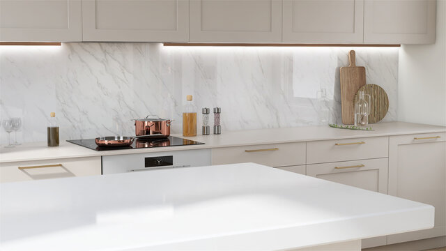 Beautiful 3D rendering of a modern kitchen with white granite island in an urban apartment and blank space for household products display or mock up. Morning sunlight, Background, Marble countertop.