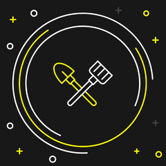 Line Shovel and rake icon isolated on black background. Tool for horticulture, agriculture, gardening, farming. Ground cultivator. Colorful outline concept. Vector