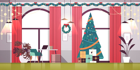 cozy new year holiday decorated living room interior with christmas tree and gifts horizontal