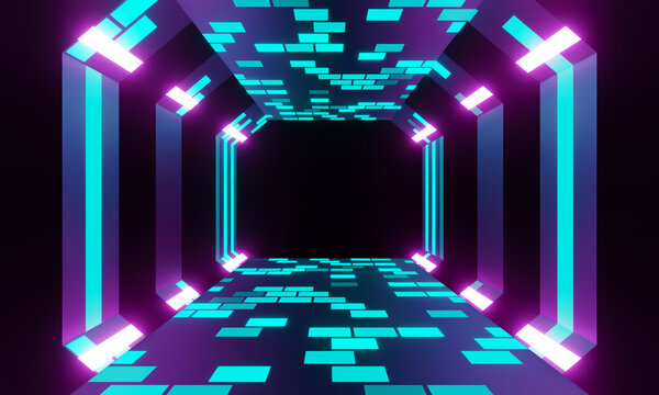 80s retro abstract technology background blue tunnel light. Futuristic with glowing line. Corridor 3d rendering of banner.