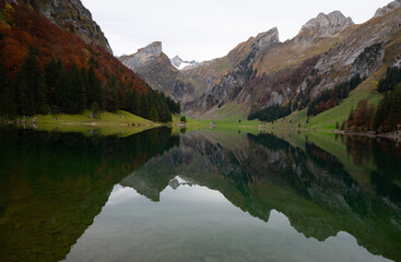 Fototapeta na wymiar Ebeanalp, Seealpsee, Wildkirchli are the sun terrace of the alpstein. Mountainfuls of climbing routes. It is also the ideal starting point for hiking into the impressive, amazing Alpstein region