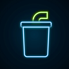 Glowing neon line Paper glass with drinking straw and water icon isolated on black background. Soda drink glass. Fresh cold beverage symbol. Colorful outline concept. Vector