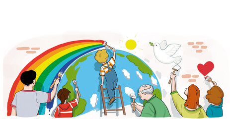 Illustration people painting a world in peace.
