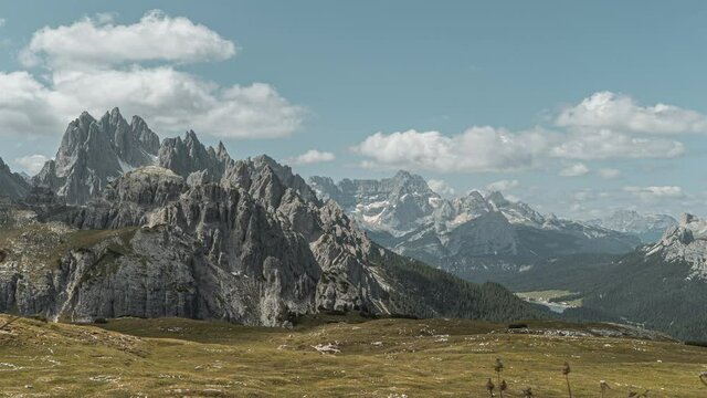 Timelapse of a cloudy day in the mountians of South Tyrol during summer time. In font there is a plateau and in the background is the lake misurina. The timelapse moves from the left to the right.