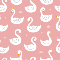 Nursery seamless pattern with hand drawn swans on pink background. Good for kids apparel, wallpaper, textile prints, scrapbooking, wrapping paper, etc. EPS 10