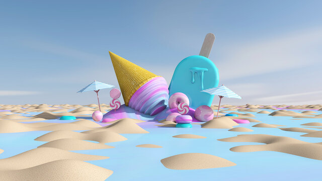 Melted ice cream on Snow background. Summer time. 3D illustration, 3D rendering	