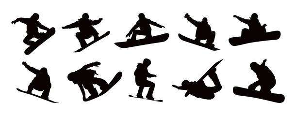 Vector set silhouettes of detail  of snowboarding. Silhouettes of snowboarder isolated