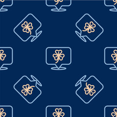 Line Clover trefoil leaf icon isolated seamless pattern on blue background. Happy Saint Patricks day. National Irish holiday. Vector