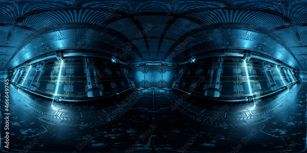 Poster HDRI panoramic view of dark blue spaceship interior. High resolution 360 degrees panorama reflection mapping of a futuristic spacecraft 3D rendering