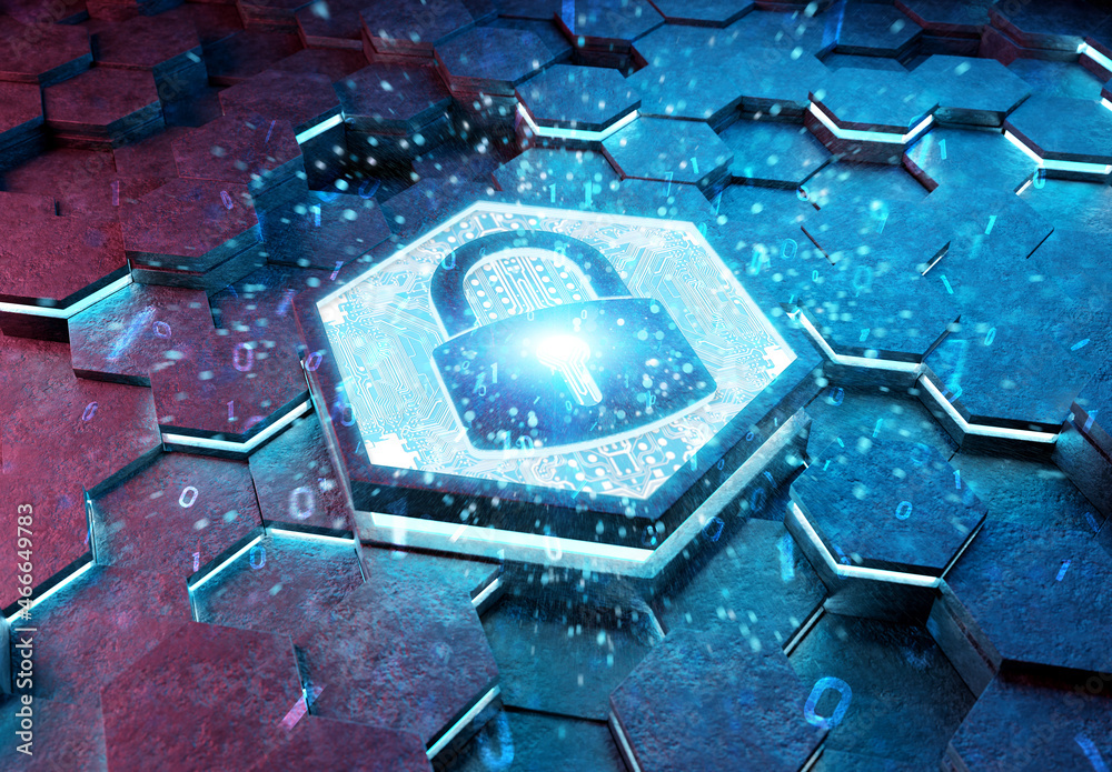 Fototapete web security icon concept engraved on metal hexagonal pedestral background. padlock logo glowing on 