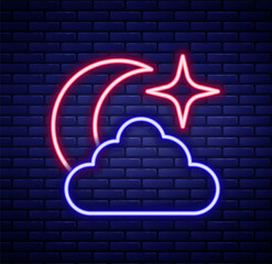 Glowing neon line Moon and stars icon isolated on brick wall background. Cloudy night sign. Sleep dreams symbol. Full moon. Night or bed time sign. Colorful outline concept. Vector