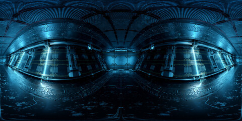 HDRI panoramic view of dark blue spaceship interior. High resolution 360 degrees panorama reflection mapping of a futuristic spacecraft 3D rendering © sdecoret